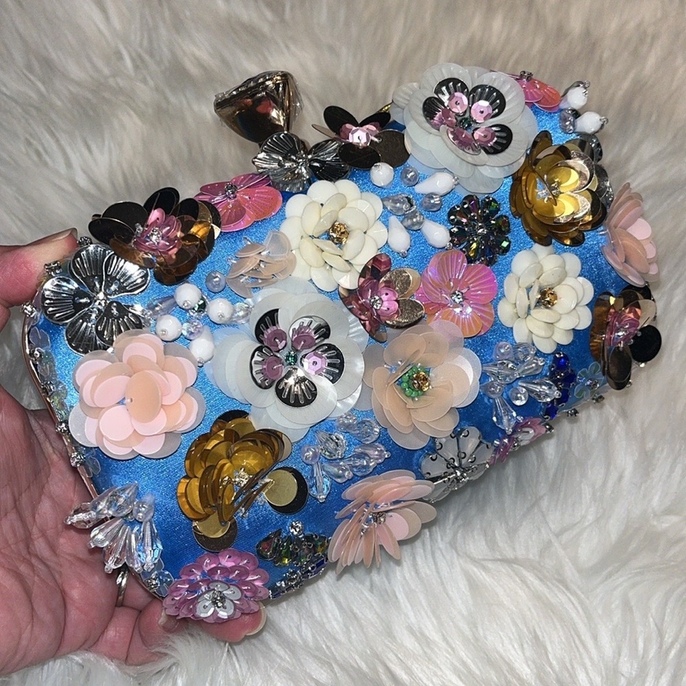 NWT! bebe Daisy Clutch - Blue Satin and Bead & Sequin Embellished